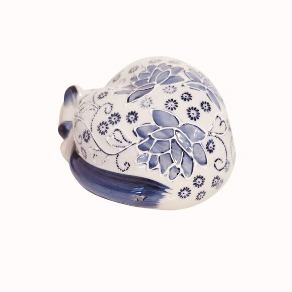 Vintage Chinese Porcelain Blue & White Floral Sleeping Cat Figurine 10-Inches - Picture 2 of 5
